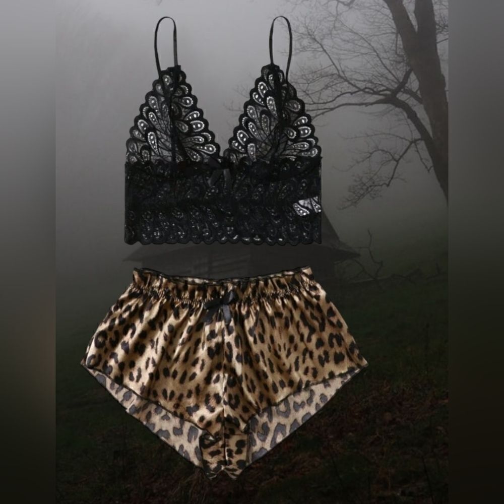 Leopard Print Lace & Satin 2 Piece Cami Sleep Lingerie Set